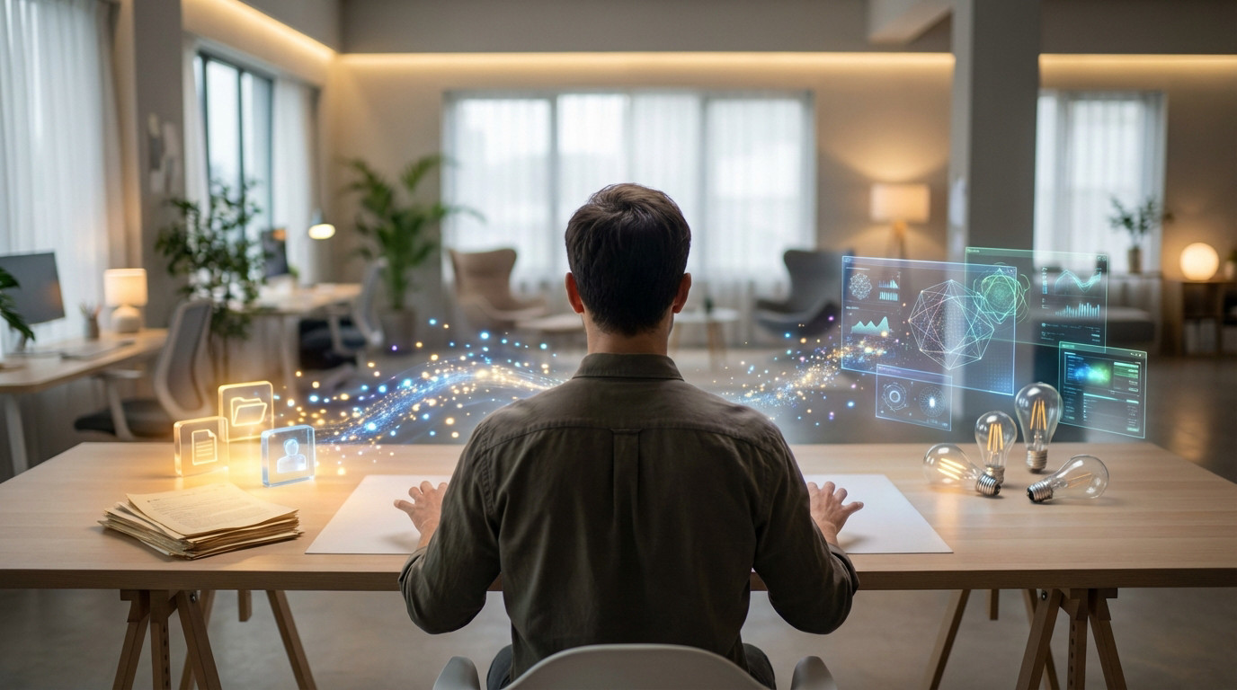 Individual at desk, existing data (papers, glowing icons) transforms into new ideas (holograms, lightbulbs) via a luminous stream.