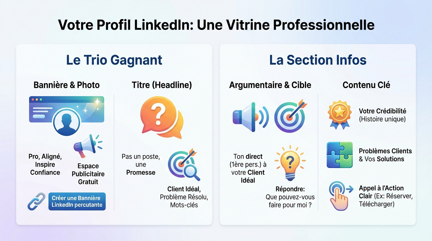 Illustration d'un profil LinkedIn optimisé servant de vitrine professionnelle pour attirer des clients