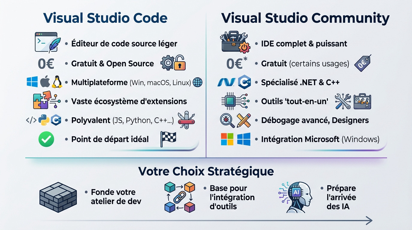 Comparaison visuelle entre l'interface légère de VS Code et l'environnement complet de Visual Studio Community