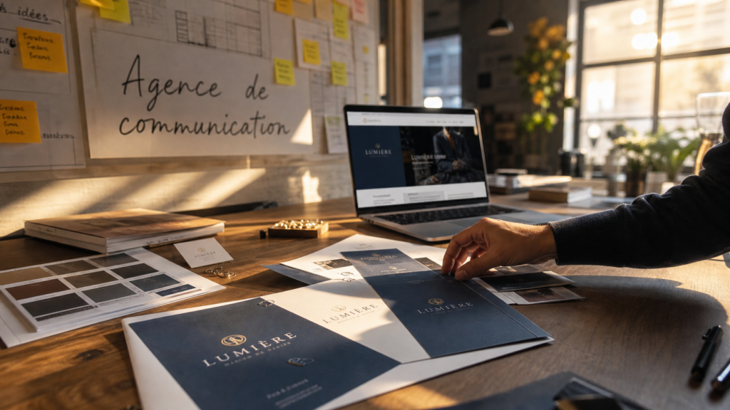 Agence de communication Besançon : mockups et ordinateur au bureau