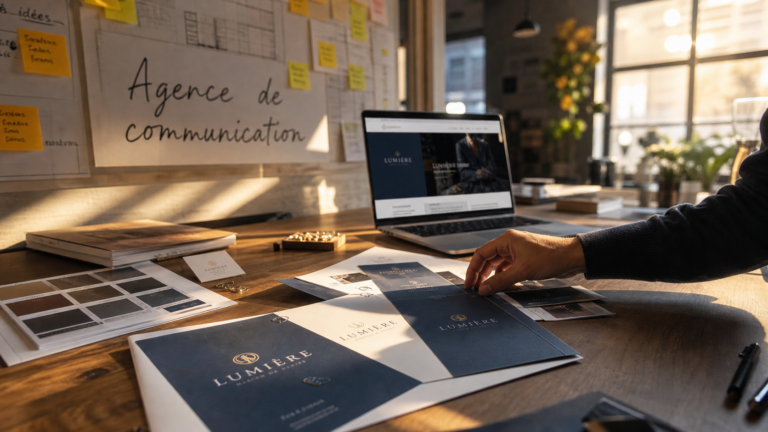Agence de communication Besançon : mockups et ordinateur au bureau