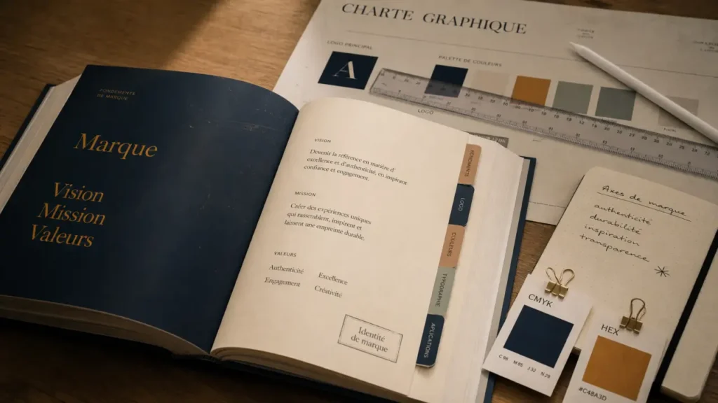 Brandbook ouvert sur identité de marque, charte graphique et échantillons couleur