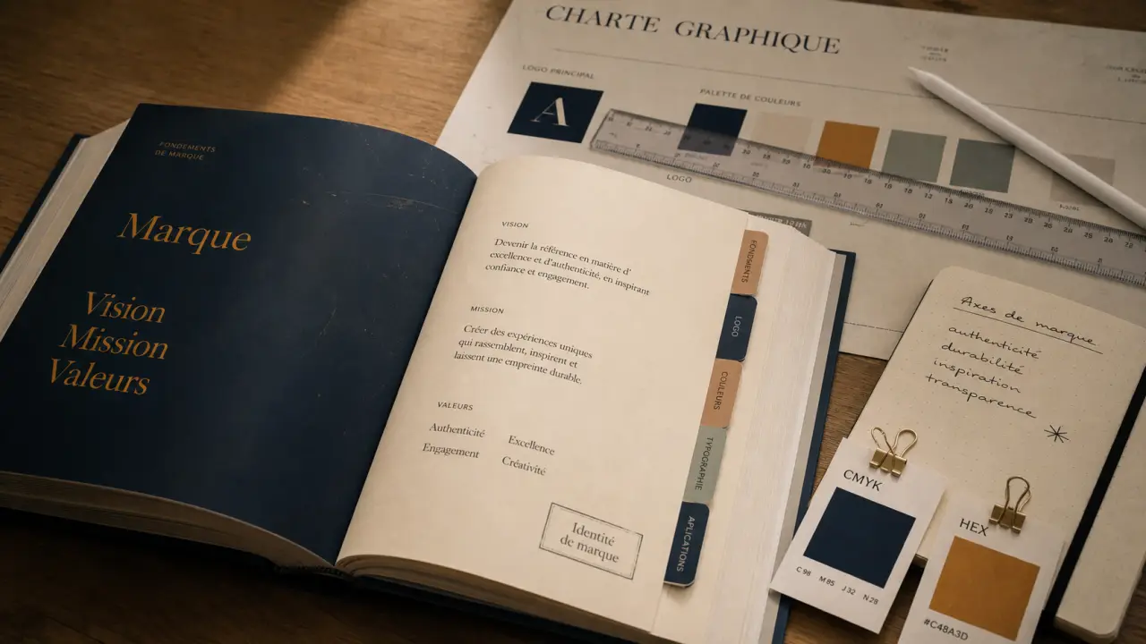 Brandbook ouvert sur identité de marque, charte graphique et échantillons couleur