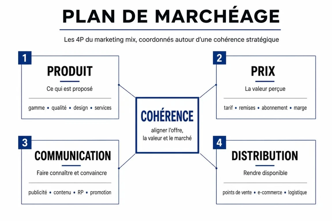 Infographie plan de marchéage présentant les 4P du marketing mix