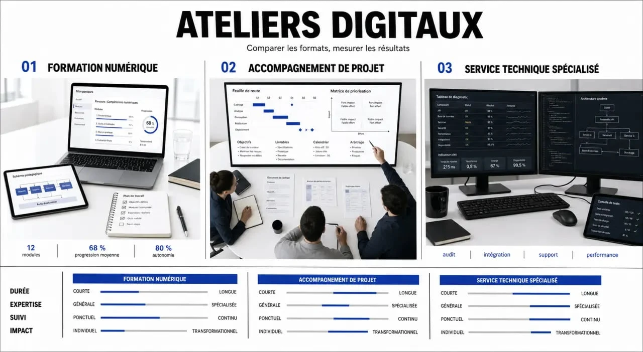 Atelier digital : illustration comparative des offres, formation, accompagnement et service technique