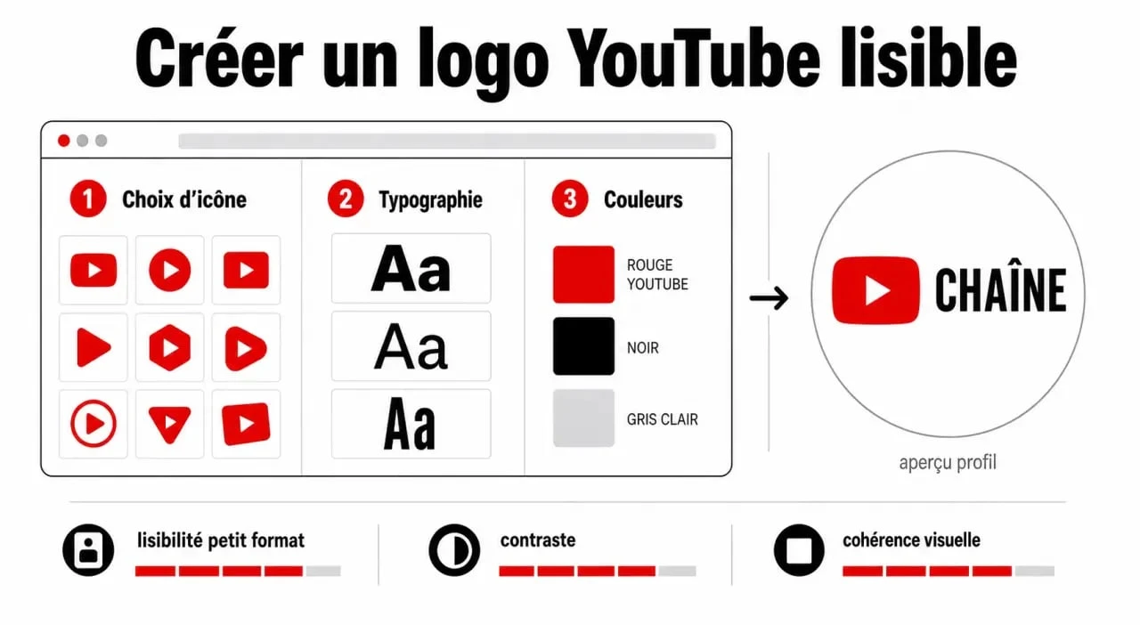Créer logo youtube : illustration d’un processus simple avec éditeur en ligne, choix des couleurs, typographie et aperçu du logo de profil