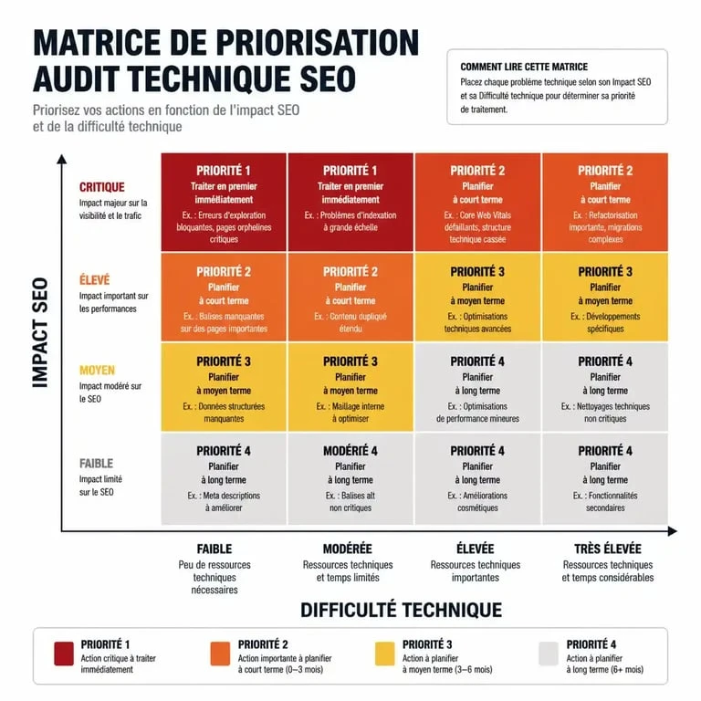 Matrice de priorisation des correctifs pour un audit technique SEO
