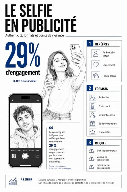Infographie sur le selfie en publicité : bénéfices, formats et risques