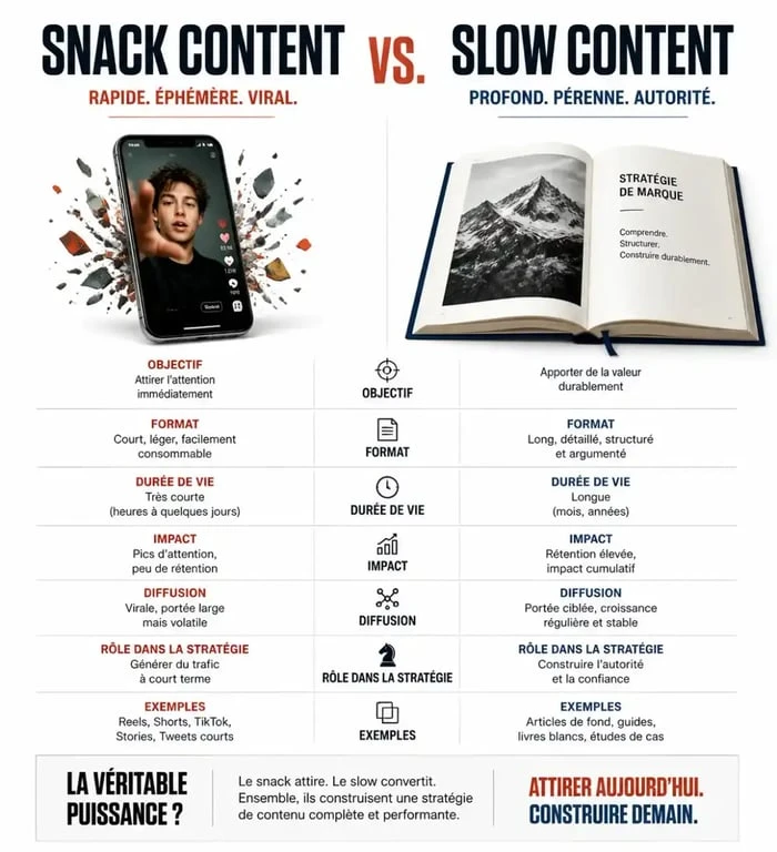 Infographie comparative entre le snack content et le slow content pour une stratégie de contenu efficace