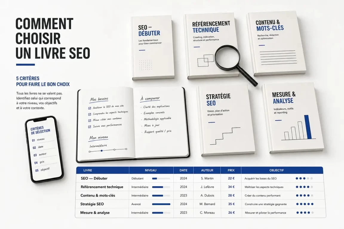 Comparer un livre SEO selon le niveau, la date et le prix dans un visuel éditorial