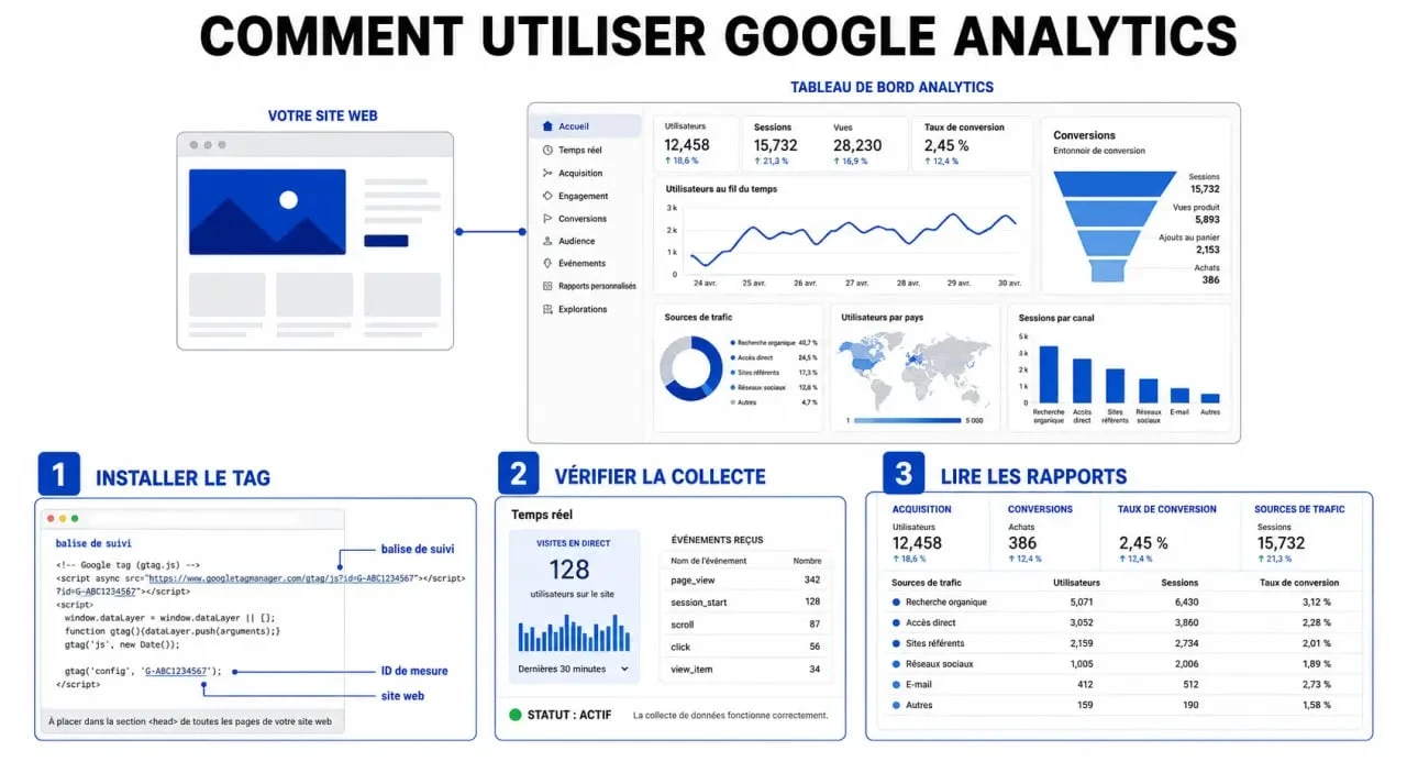 Comment utiliser Google Analytics : illustration des étapes clés pour installer l'outil et lire les rapports