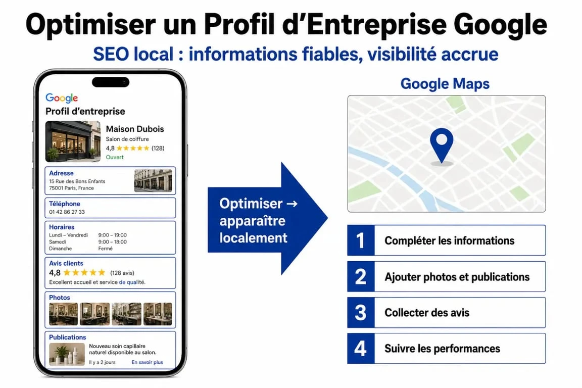 SEO local google my business : illustration de l’optimisation d’une fiche Google avec horaires, avis, photos et carte locale