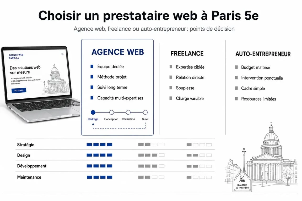 Agence web Paris 5ème : comparaison visuelle entre agence web, freelance et auto-entrepreneur