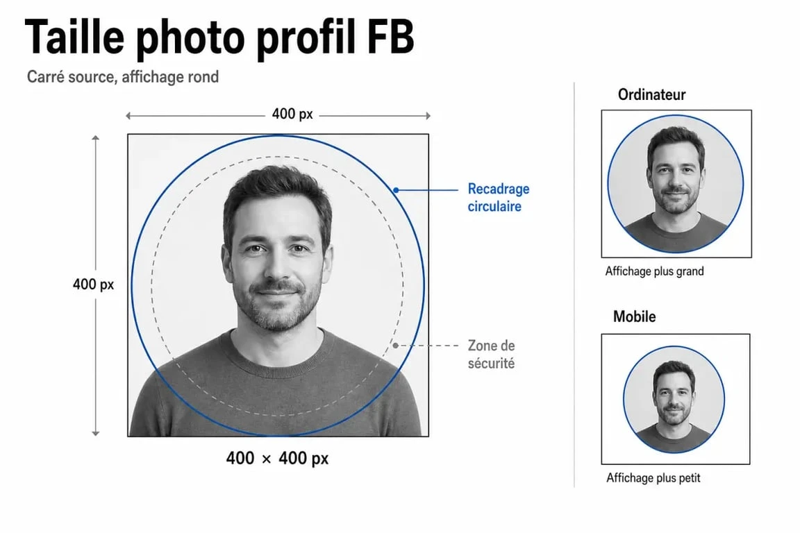 Taille photo profil fb : schéma éditorial montrant le recadrage circulaire, la zone de sécurité et les dimensions recommandées 400x400 pixels