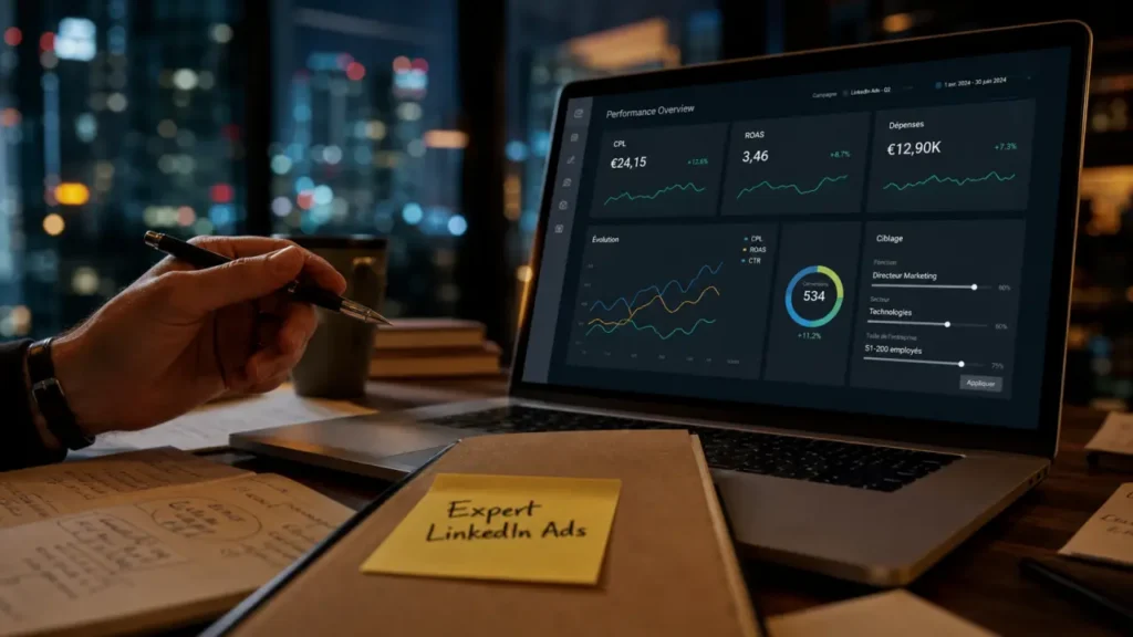 Expert LinkedIn Ads en bureau B2B avec analyse publicitaire