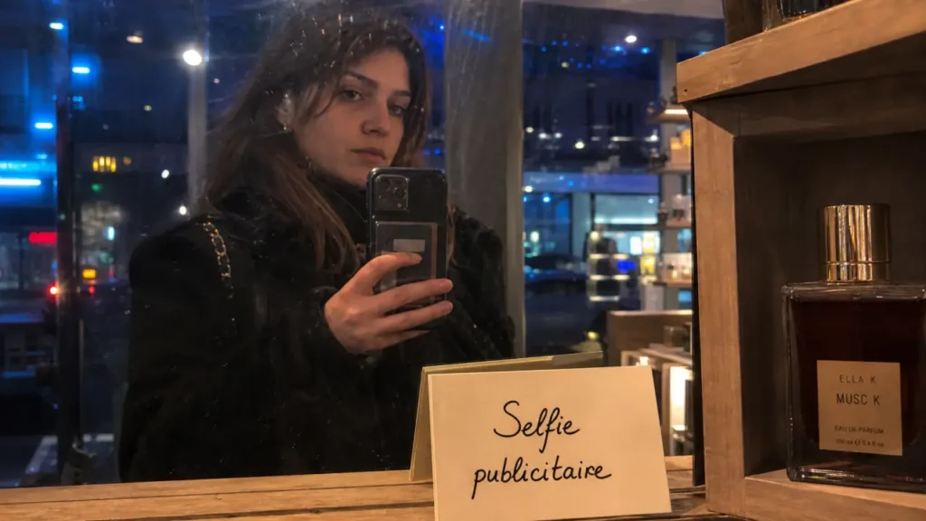 Selfie en publicité : reflet en miroir, parfum visible