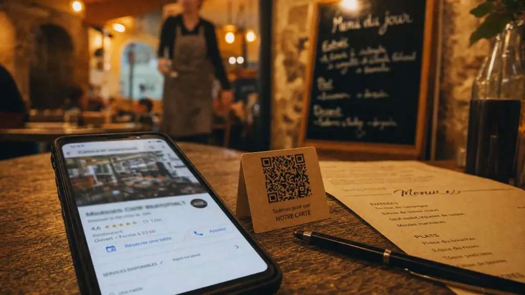 Stratégie digitale restaurant : avis Google sur smartphone et QR code