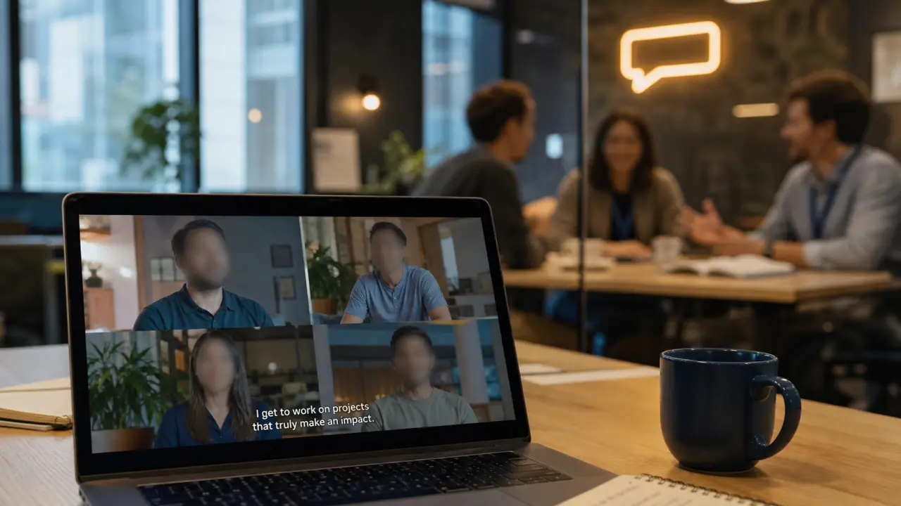 Vidéo marque employeur : montage témoignages sur écran portable, vraie équipe RH en arrière-plan