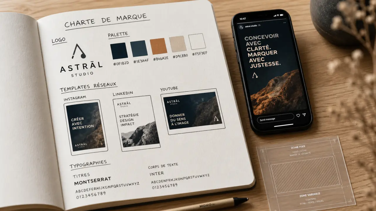 Charte graphique réseaux sociaux : schéma de palette et gabarits Instagram, LinkedIn et YouTube sur carnet
