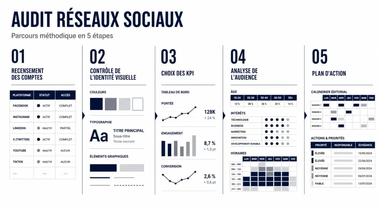 Audit réseaux sociaux : parcours visuel des étapes clés
