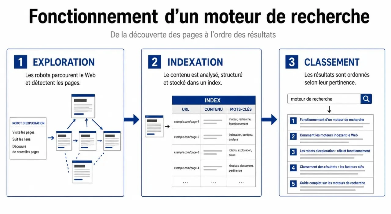 Schéma du fonctionnement des moteurs de recherche montrant exploration, indexation et classement