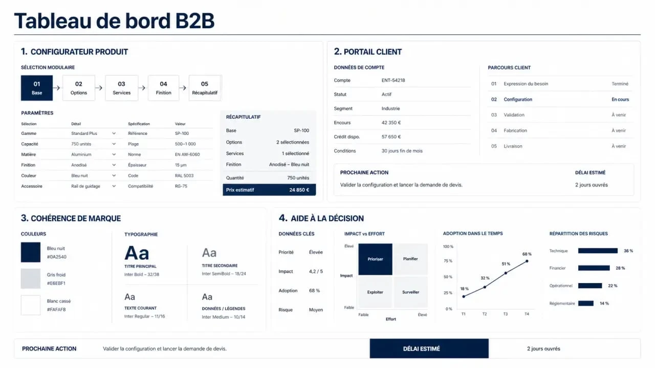 Illustration du design stratégique B2B montrant les principaux leviers de valeur dans une mise en page éditoriale sobre