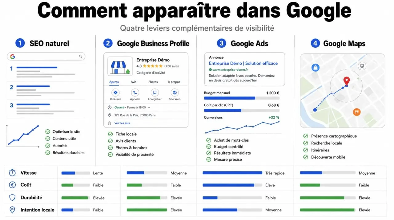 Apparaître dans Google : comparaison entre SEO, Google Business Profile, Google Ads et Google Maps