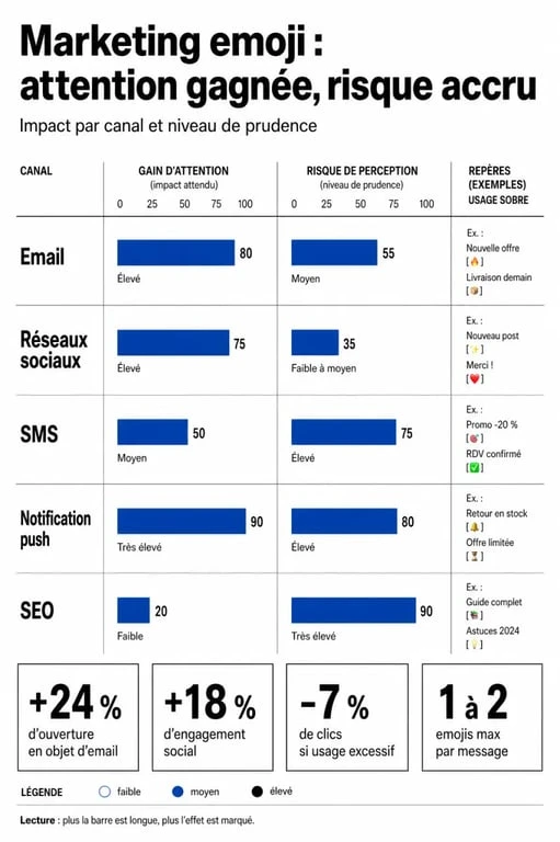Marketing emoji par canal : email, réseaux sociaux, SMS, notification push et SEO