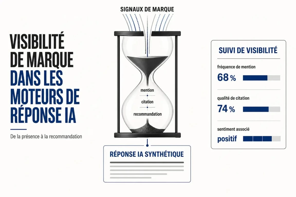 Visibilité de marque dans les moteurs de réponse IA : schéma éditorial des niveaux mention, citation, recommandation et des indicateurs de suivi