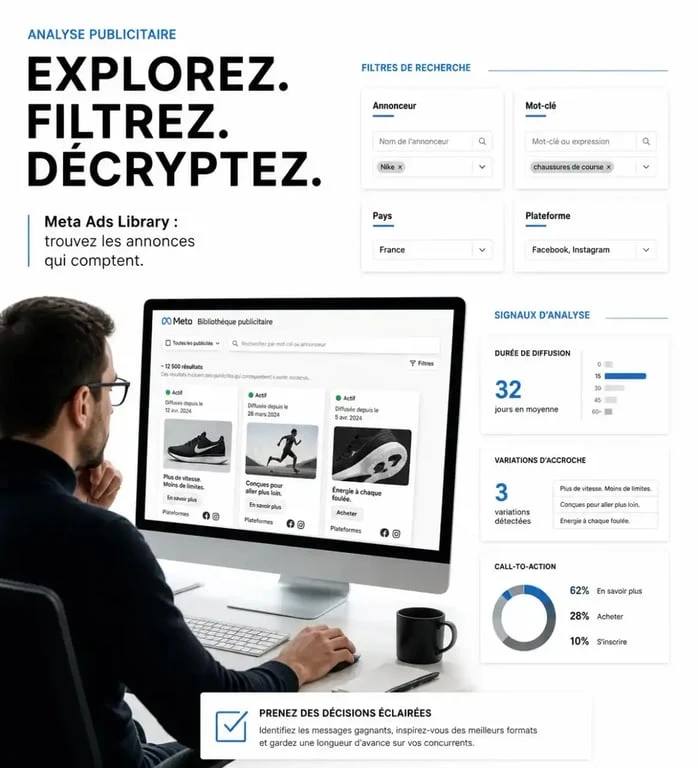 Bibliothèque facebook ads : marketeur analysant des publicités concurrentes et les filtres de recherche sur un écran