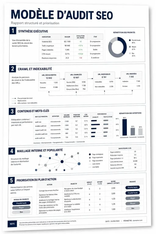 Modèle audit SEO en schéma éditorial avec les cinq blocs clés du diagnostic et de la priorisation