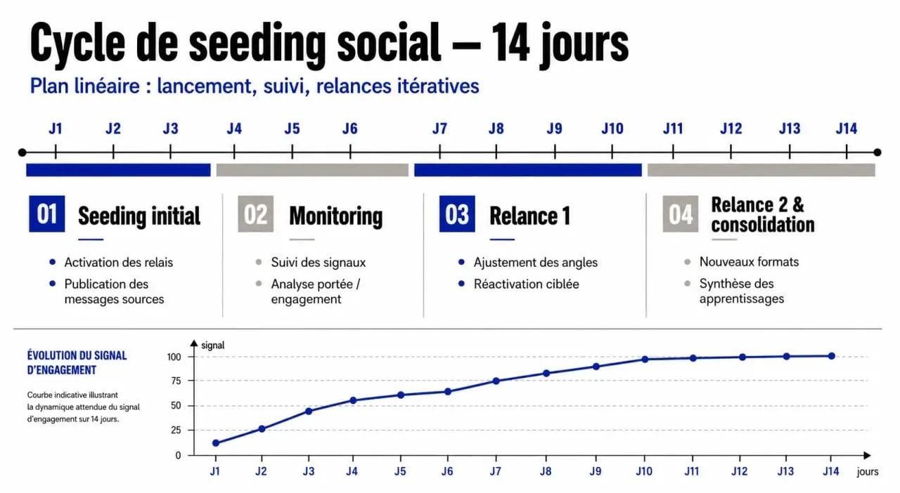 Schéma du calendrier de seeding sur 14 jours pour une campagne de viralité organique dirigée