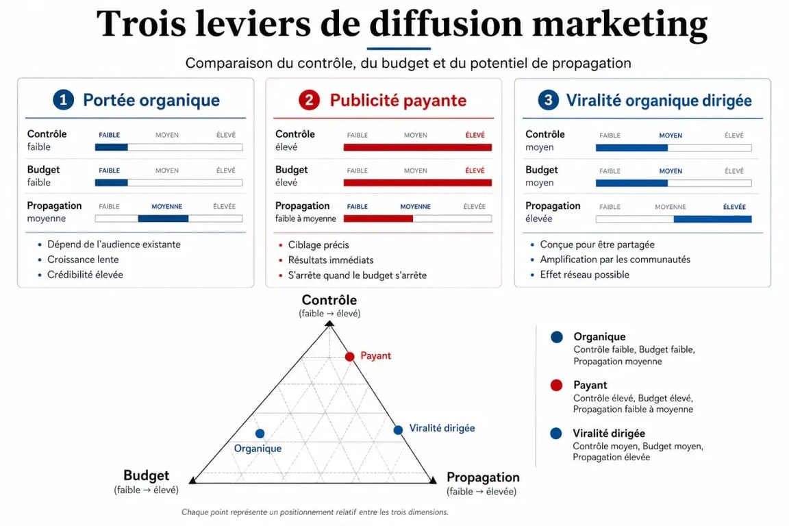 Infographie comparative des stratégies de viralité organique dirigée, reach organique et publicité payante