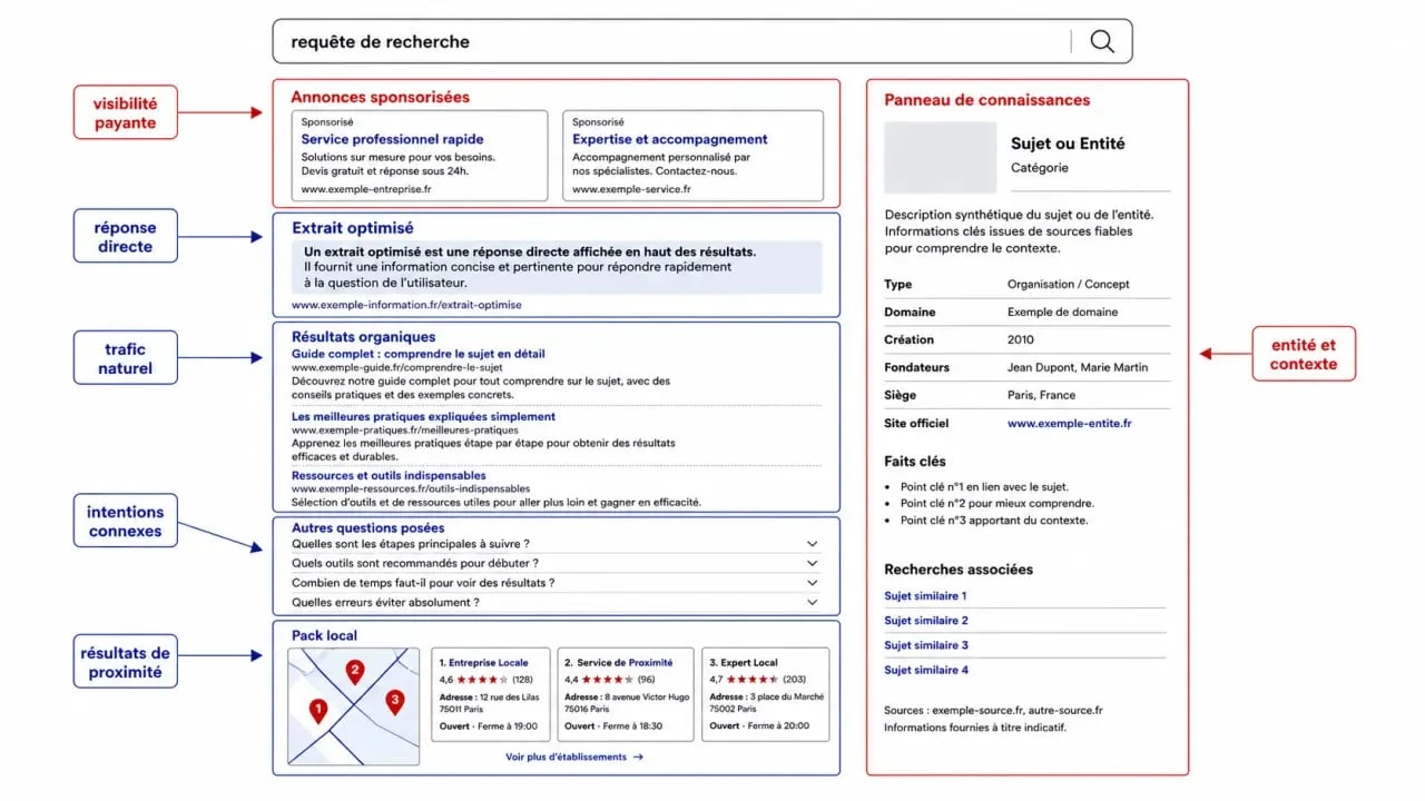 Schéma annoté de SERP Google montrant les résultats organiques, les annonces sponsorisées, le featured snippet et le Local Pack