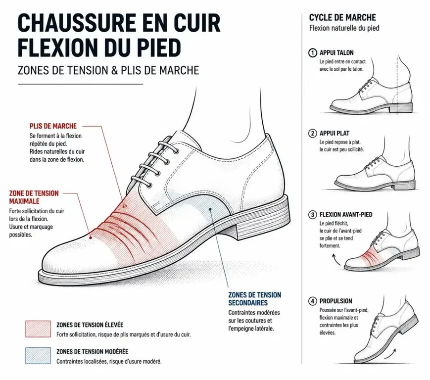 Schéma des zones de tension et plis de marche sur une chaussure en cuir pleine fleur