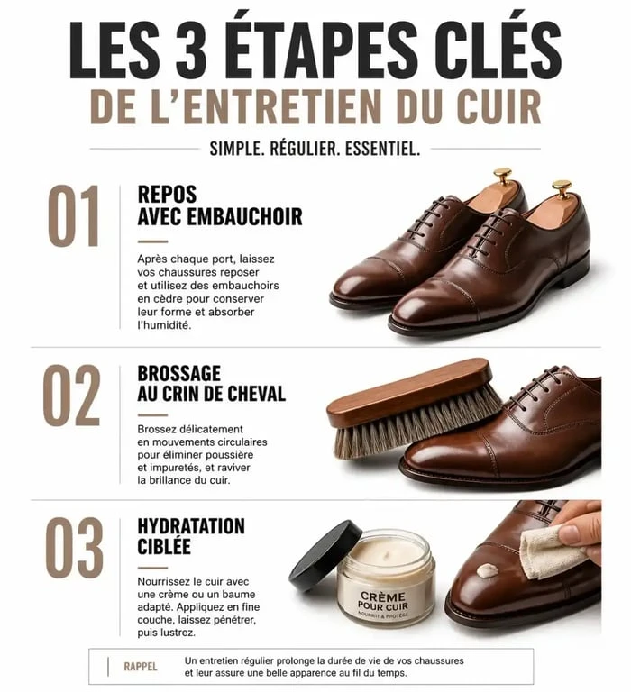 Infographie des trois règles d'or pour l'entretien de chaussures en cuir pleine fleur