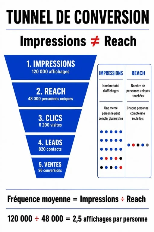 Infographie montrant la différence entre impressions marketing et reach dans le tunnel de conversion.