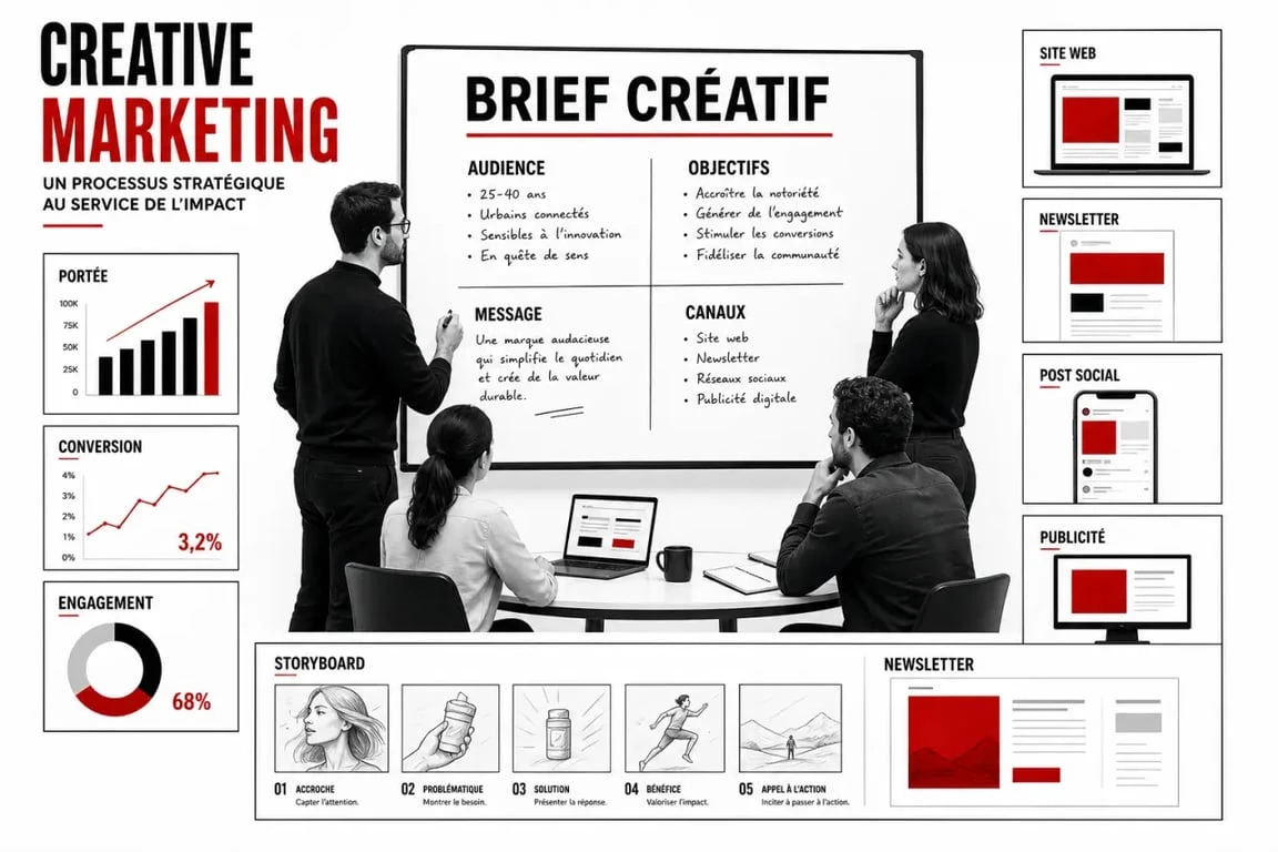 Creative marketing : illustration éditoriale d'une équipe construisant une campagne multicanale