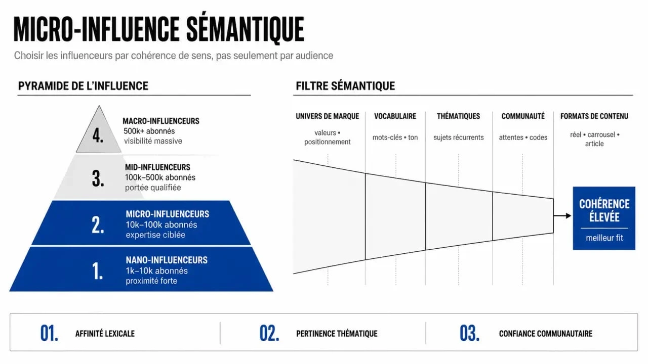 Micro-influence sémantique : pyramide des influenceurs et filtre de cohérence entre marque, vocabulaire et communauté