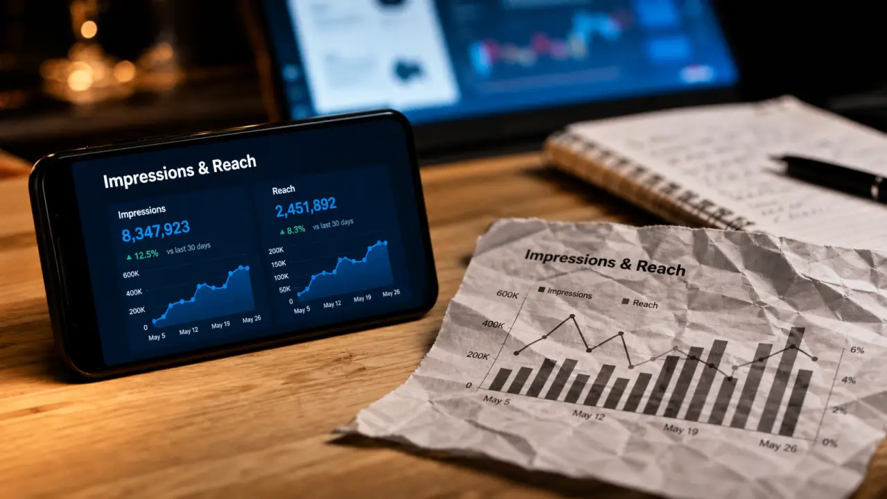 Impressions marketing : reach, CTR et conversions sur tableau de bord KPI