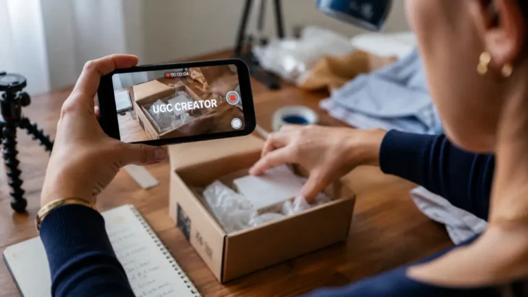 Smartphone en déballage produit d’un ugc creator, vidéo cadre serré