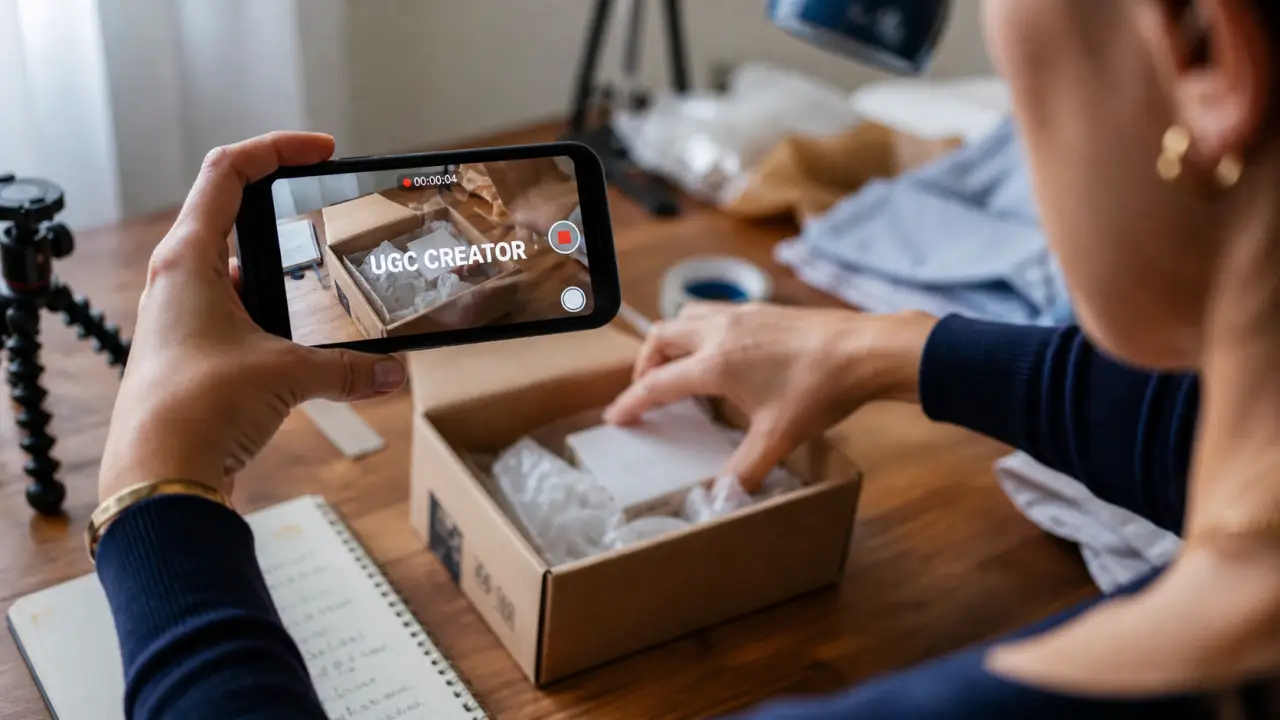 Smartphone en déballage produit d’un ugc creator, vidéo cadre serré