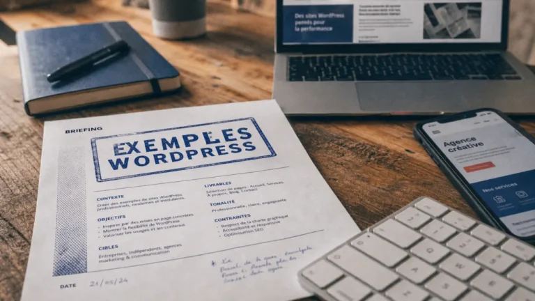 WordPress site exemple : maquette sur smartphone, bureau corporate e-commerce média