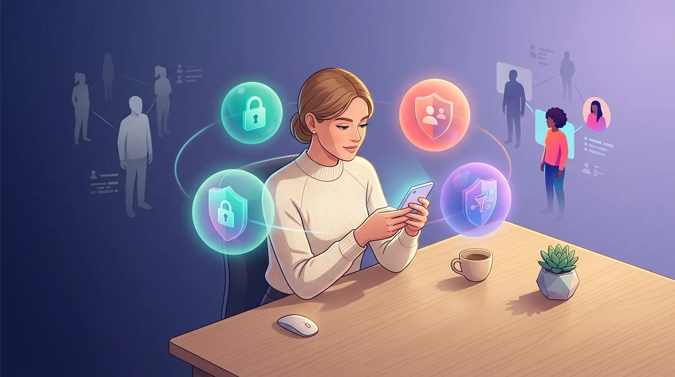 Femme utilisant smartphone avec icônes de sécurité et protection