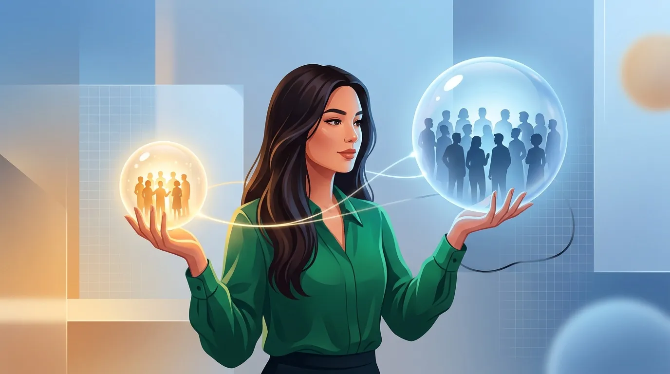 Femme jonglant deux sphères contenant des silhouettes de personnes