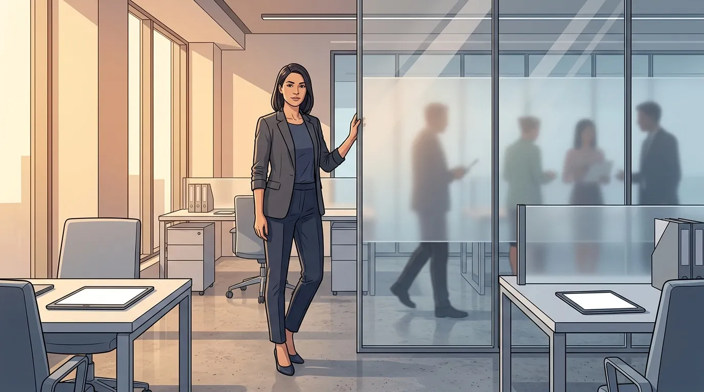 Femme en costume gris dans un bureau contemporain avec baies vitrées