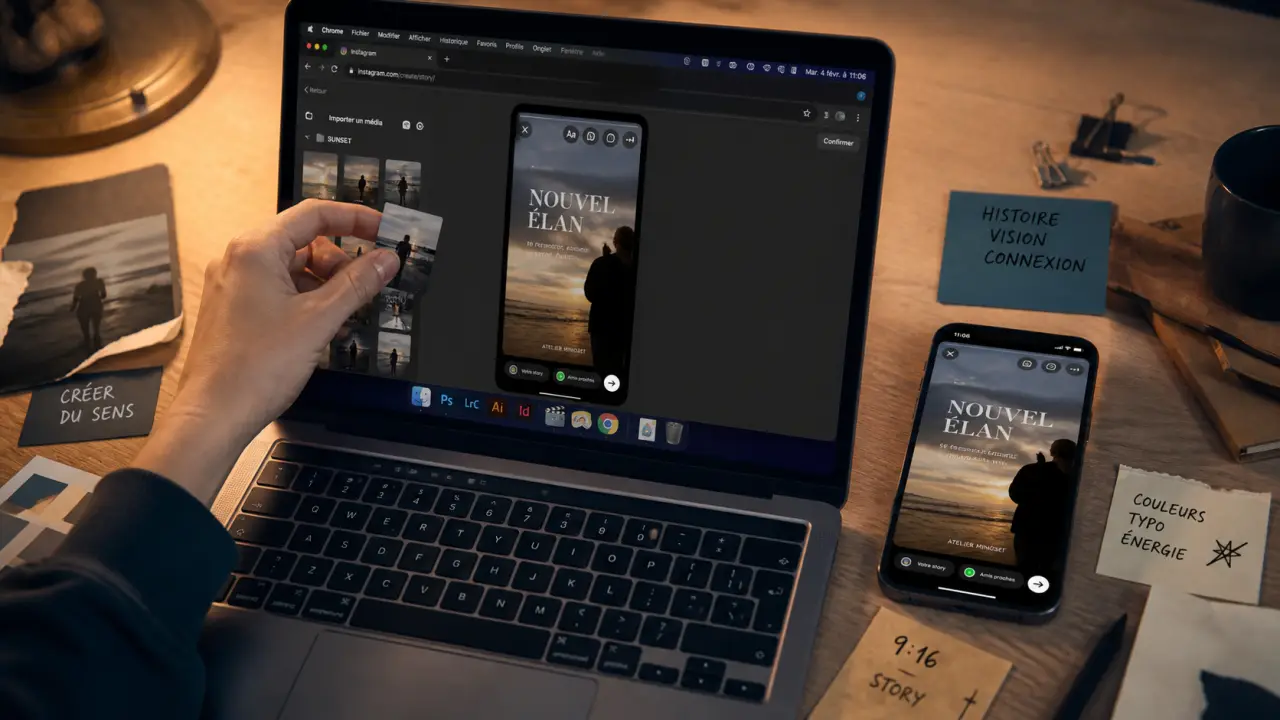 Ajoutez une story instagram sur mac : aperçu story 9:16 sur MacBook et iPhone
