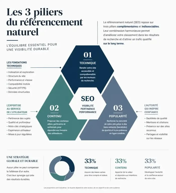 Infographie des trois piliers du coaching référencement naturel : technique, contenu et popularité