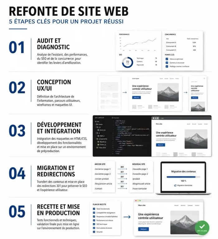 Infographie des 5 étapes d'une refonte de site web par une agence spécialisée
