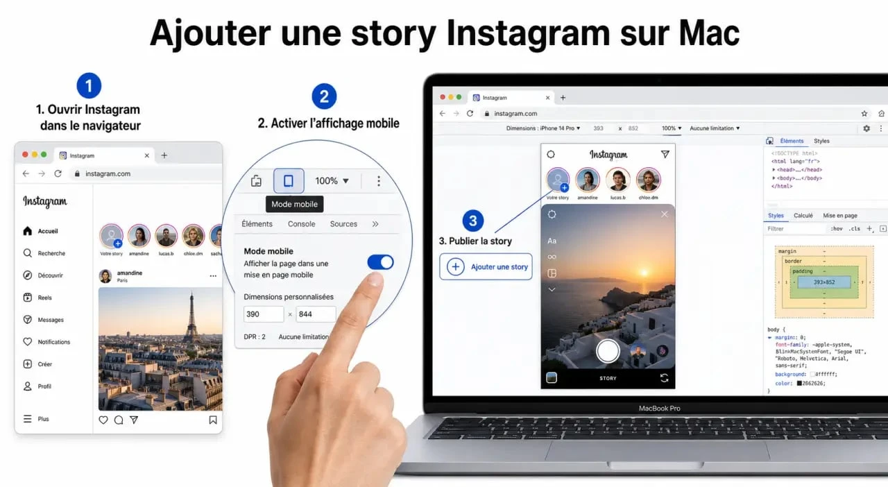 Ajoutez une story Instagram sur Mac avec un workflow visuel sur navigateur et aperçu de story verticale